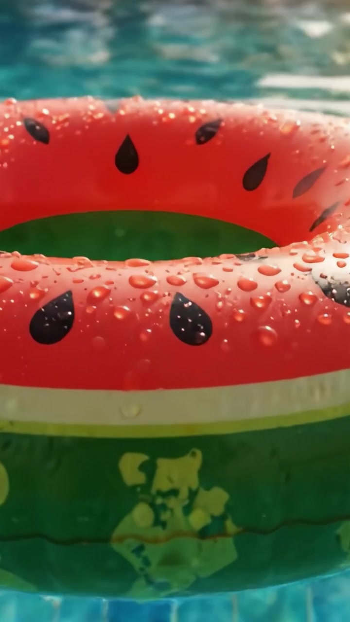 A Colorful Watermelon Pool Float Sparkling with Water Droplets in a Refreshing Blue Swimming Pool Setting