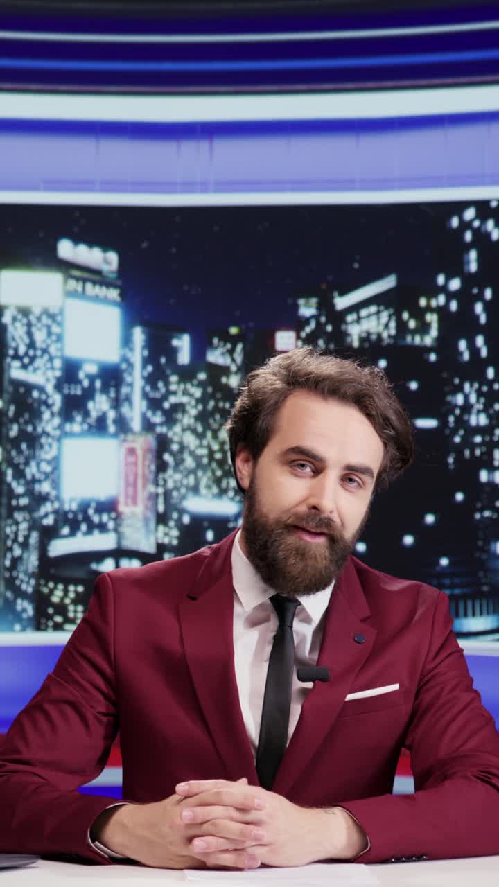 Vertical video Night show presenter opens media segment