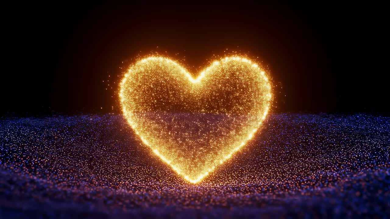 A radiant heart shape shines brightly, surrounded by twinkling particles that create a mesmerizing effect against a dark backdrop