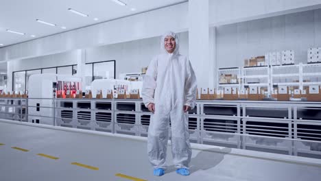 full body of asian male scientist smiling with conveyor for packaging coffee beans in bags at coffee factory