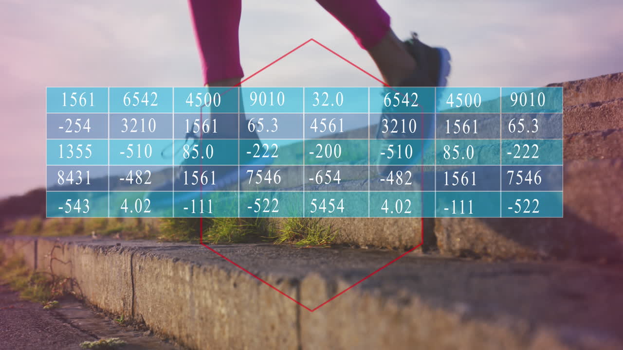 계단 아래로 달리는 두 인종의 여성에 대한 금융 데이터 처리의 애니메이션