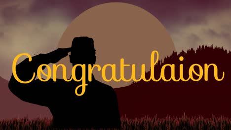 Animation-of-saluting-soldier-and-congratulation-text-over-mountain-against-moon-in-cloudy-sky