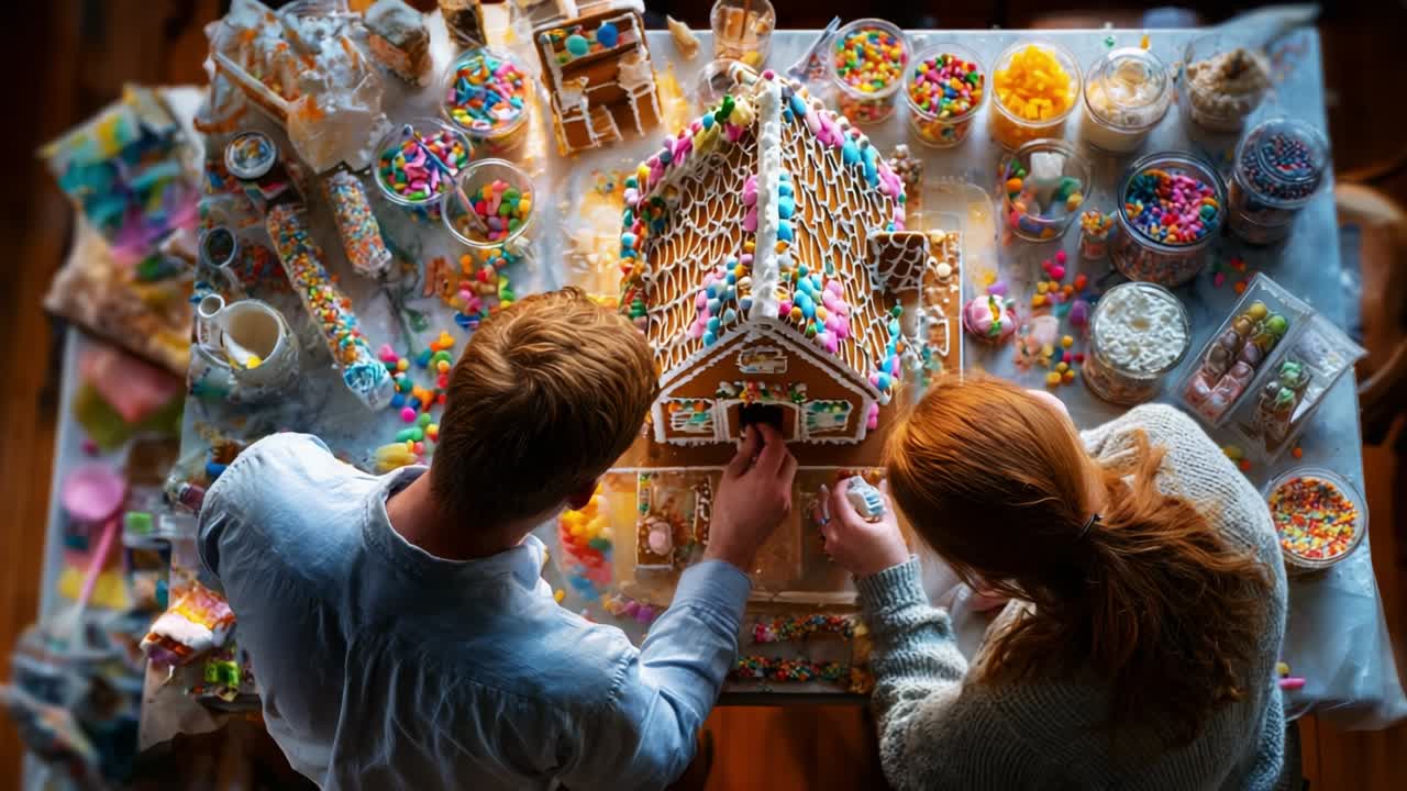 A Creative Holiday Activity: Two People Decorate a Gingerbread House Surrounded by Colorful Candies and Festive Decor in a Cozy Atmosphere Full of Joy and Sweetness
