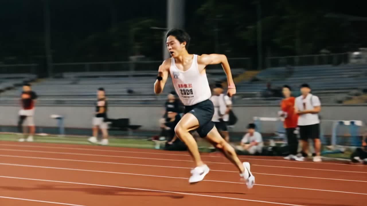 A determined athlete sprints towards the finish line, showcasing speed and dedication during a competitive track event surrounded by cheering spectators