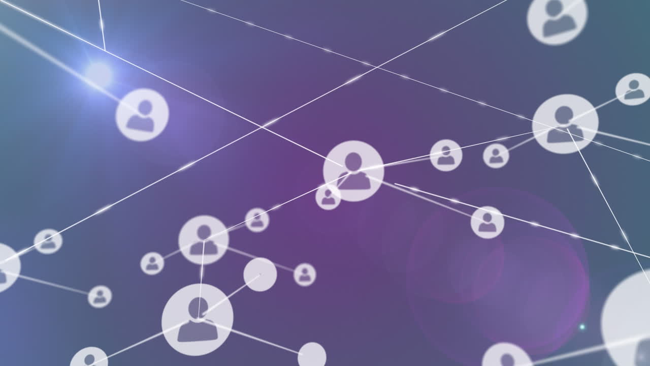 검은색 배경의 밝은 반점 위에 아이콘으로 연결 네트워크의 애니메이션