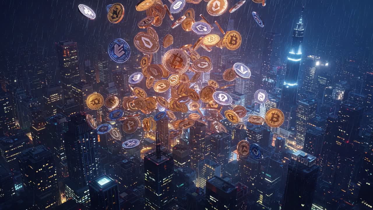 Dramatic Rainfall of Digital Tokens: A Dazzling Display of Cryptocurrency Coins Over a Night City Skyline Enveloped in Mystery and Innovation
