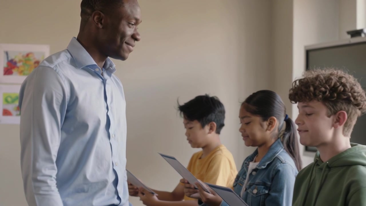 Male teacher in blue shirt cueing kids reading from tablets for practice in classroom, copy space