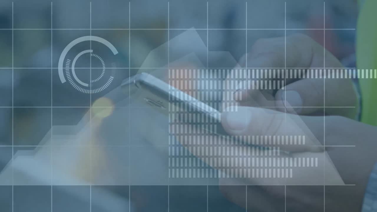 스마트폰을 사용하는 백인 남자의 손을 통해 다양한 데이터의 애니메이션