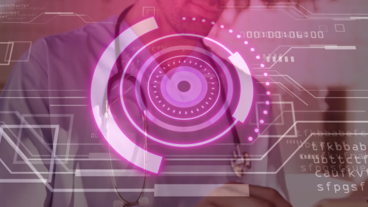 male doctor holding smartphone in telemedicine interface, exploring floating pink circles and code