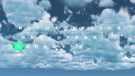 animación del procesamiento de datos en el teclado de la computadora sobre nubes.