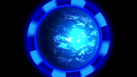 blue abstract rings with the earth in center, 3d animation.