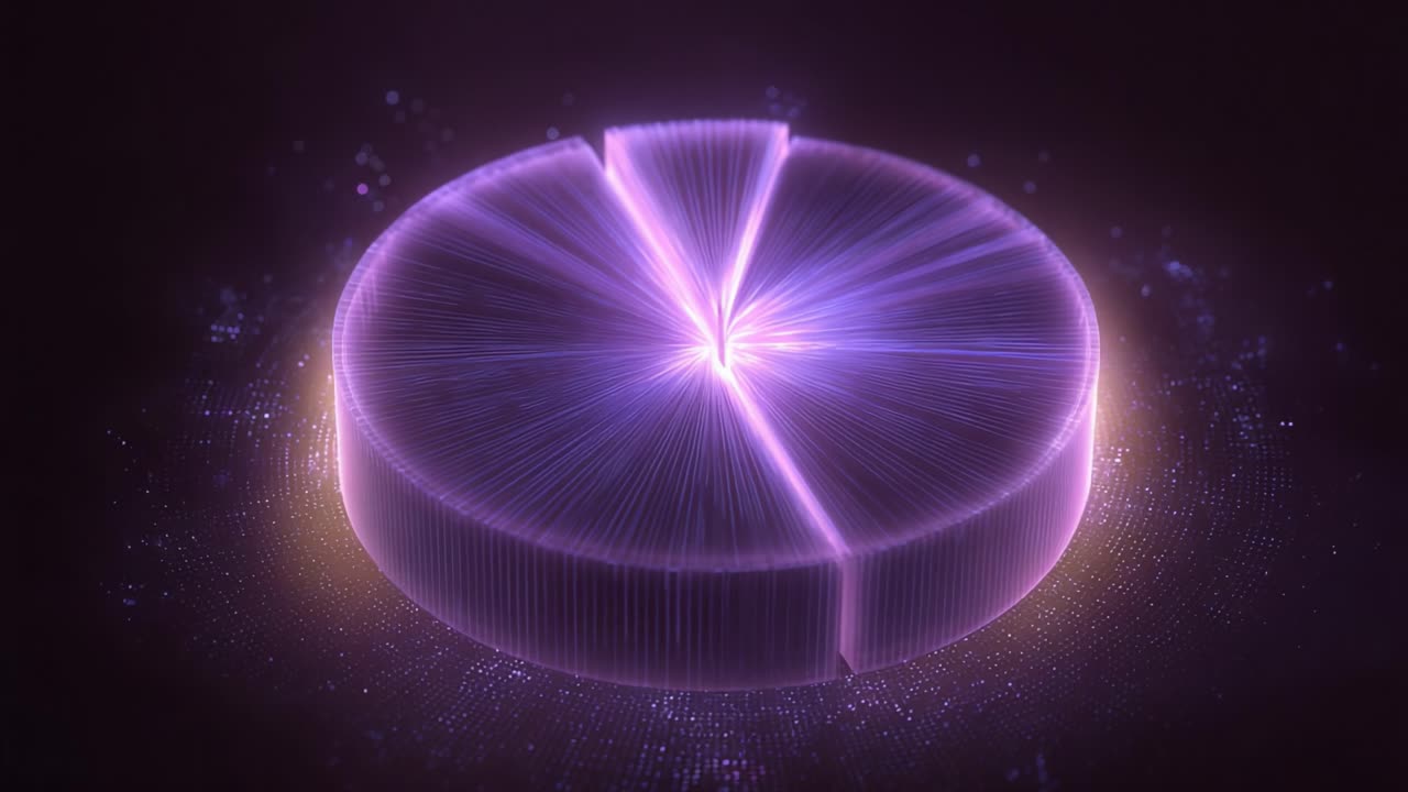 Vibrant purple holographic pie chart rotates on a dark background, illustrating data analysis and financial statistics with glowing light rays and futuristic digital particles