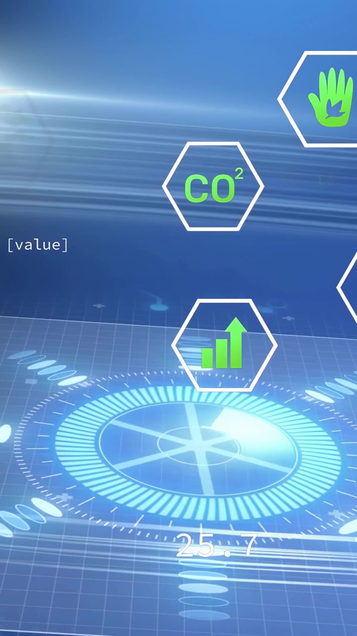 Vertical video: Light flare sweeping holo disc and hex icons pulsing rotating updating CO2 metrics