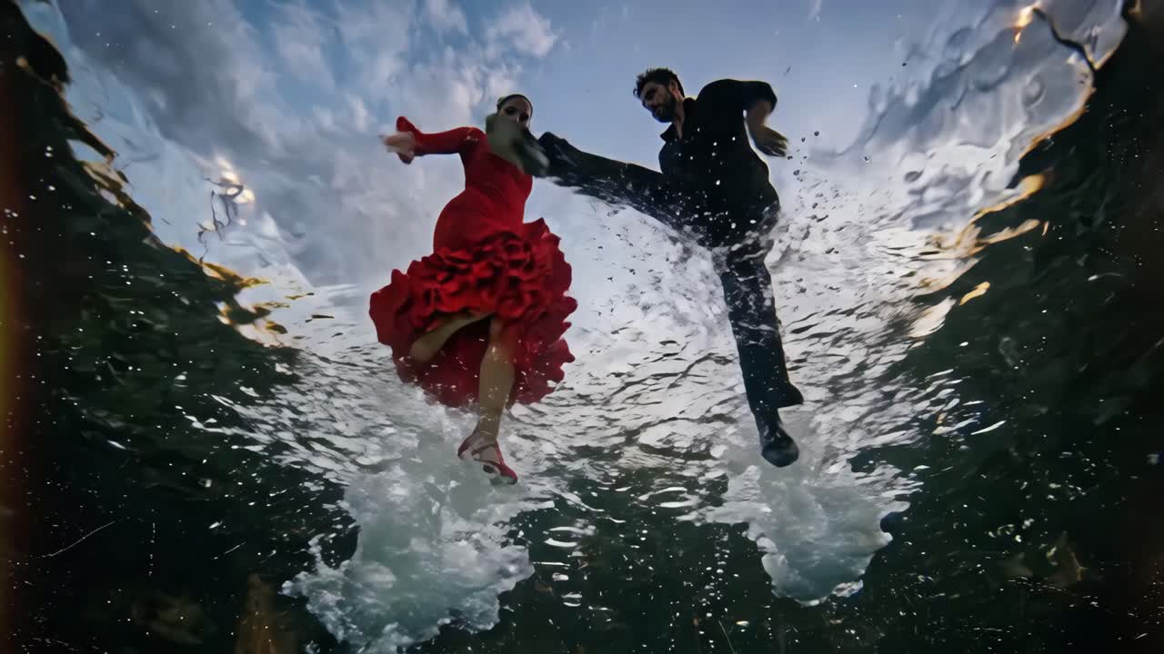 Drammatica vista subacquea di ballerini di flamenco che schizzano acqua