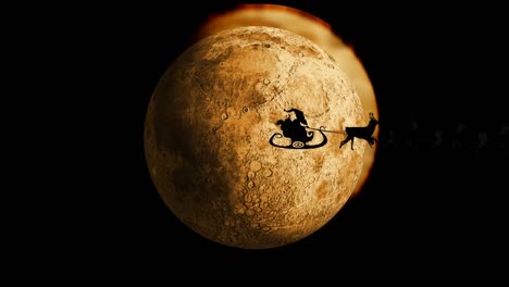 animación de santa claus en trineo con renos pasando sobre la luna y las estrellas