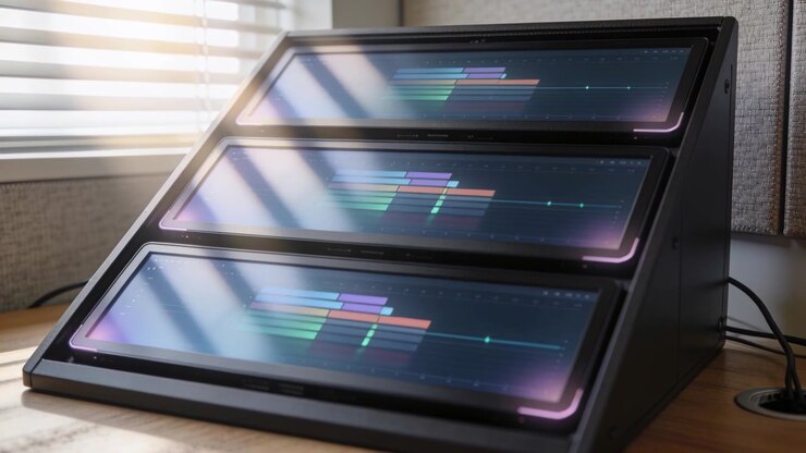 Starting triple display animation, screens shifting color bars on desk by blinds, showing signal