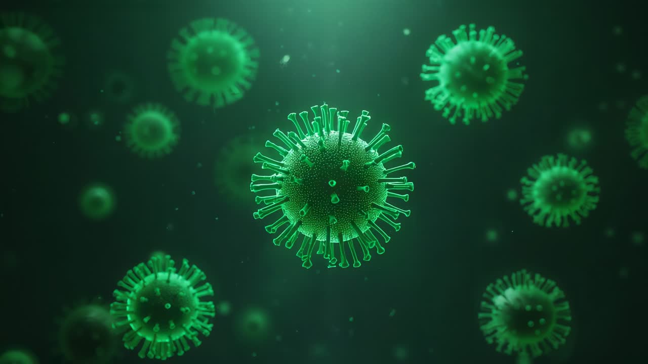 Pushing camera dolly toward central virus-like particle in microscopic field, showing green spikes
