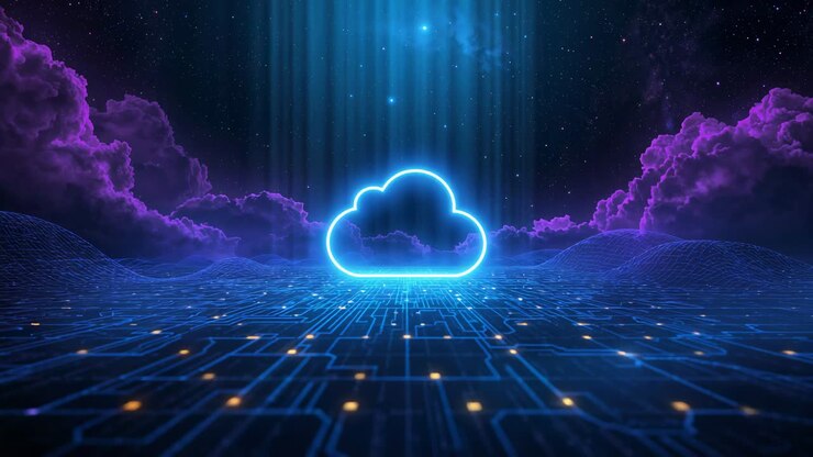 Pulsing blue neon cloud responding to descending light rays, sending data pulses across circuitry