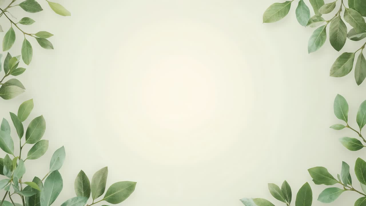Animating leafy clusters entering corners, branches shifting, revealing pale cream center for text