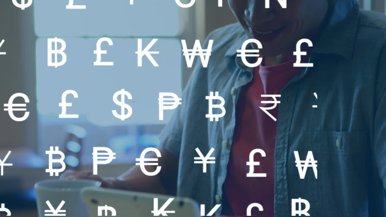 Animazione di rete di simboli di valuta digitale su uomo d'affari in ufficio