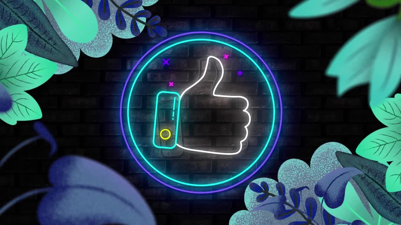 Animazione digitale di motivi floreali su icona "Mi piace" blu neon su banner rotondo su sfondo di muro di mattoni