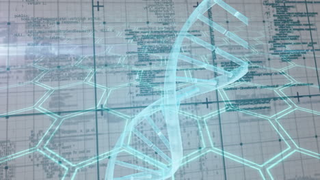 Animation of spinning dna strand over grid and globe
