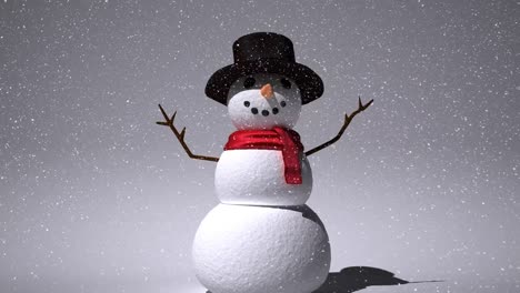 Animation-of-snowman-with-snow-falling-on-grey-background