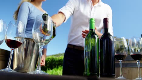 Mid-section-of-man-pouring-wine-in-glass