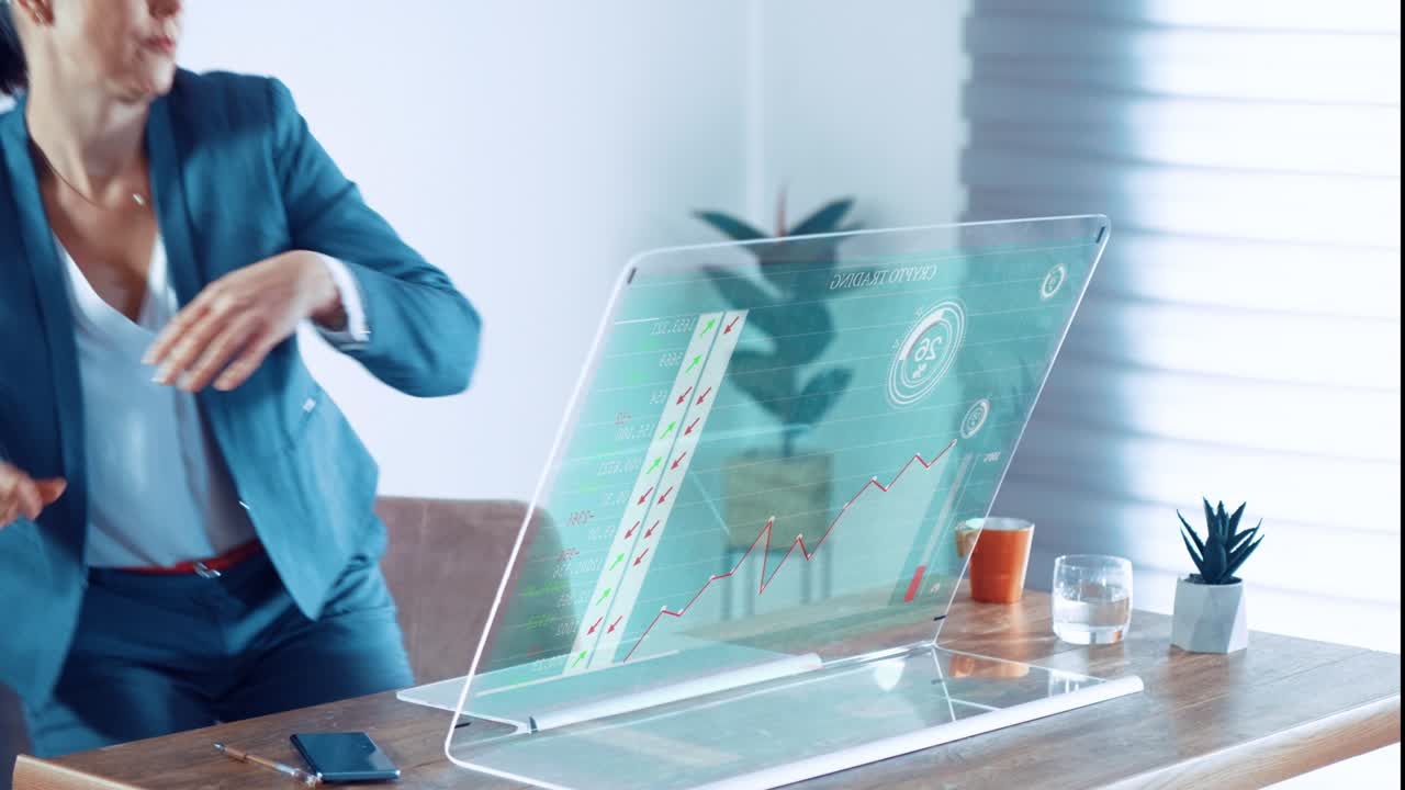성인 여성은 암호화폐 거래에서 투자를 잃습니다. 암호 화폐 여성 상인 투자자는 미래의 디스플레이 화면을 만지고 금융 차트 거래를 분석합니다.