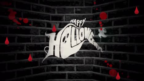 Animation-Von-Fröhlichem-Halloween-Und-Geist-über-Blutfleck-Auf-Ziegelhintergrund