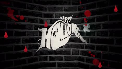 animation of happy halloween and ghost over blood stain over brick background