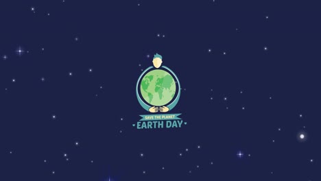 animation of save the planet earth day text with person hugging earth and stars on blue sky