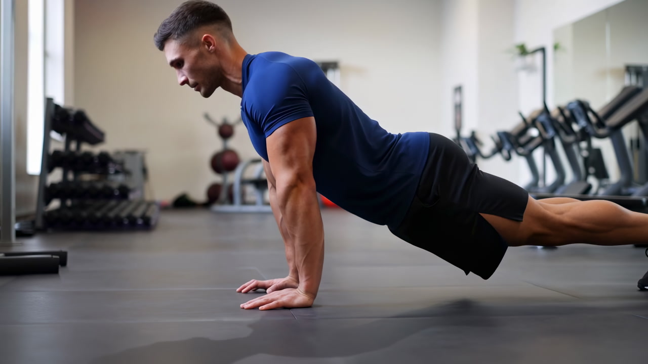 Man Performing Pushups In Gym, Personal Trainer Demonstrating Strict Form And Muscle Activation, Modern