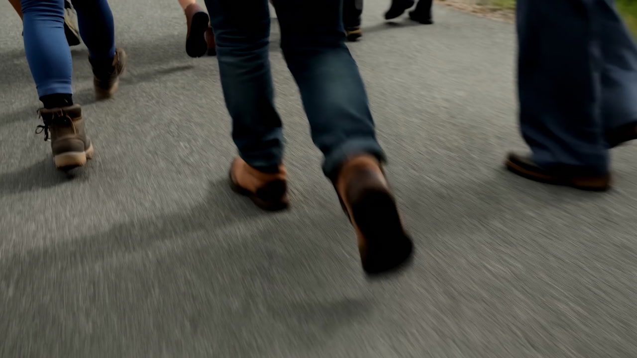 Low Angle Pavement Closeup Showing Purposeful March, Volunteers And Locals Walking In Jeans And Boots