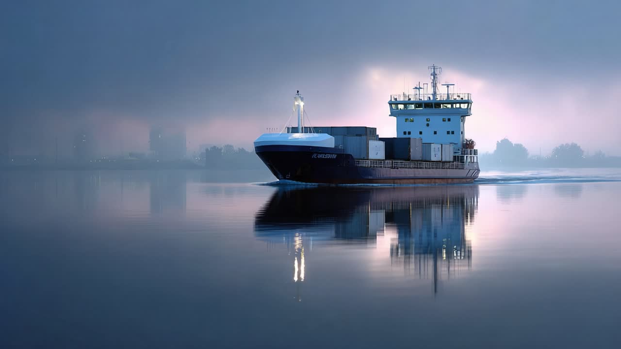 A ship navigates through a misty morning, reflecting its silhouette on the calm water, highlighting the interplay of light and shadows in a tranquil maritime setting