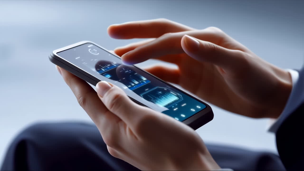 Hands interacting with a smartphone displaying data