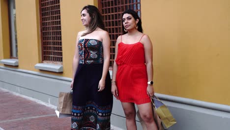 two women standing in the street with shopping bags