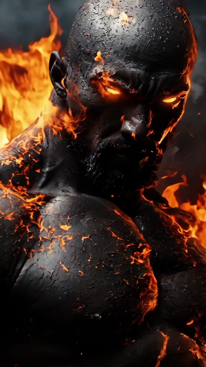 A man with a muscular body is standing in front of a fire. The fire is orange and is surrounding the man. The man is wearing a black shirt and is looking at the camera. Scene is intense and powerful