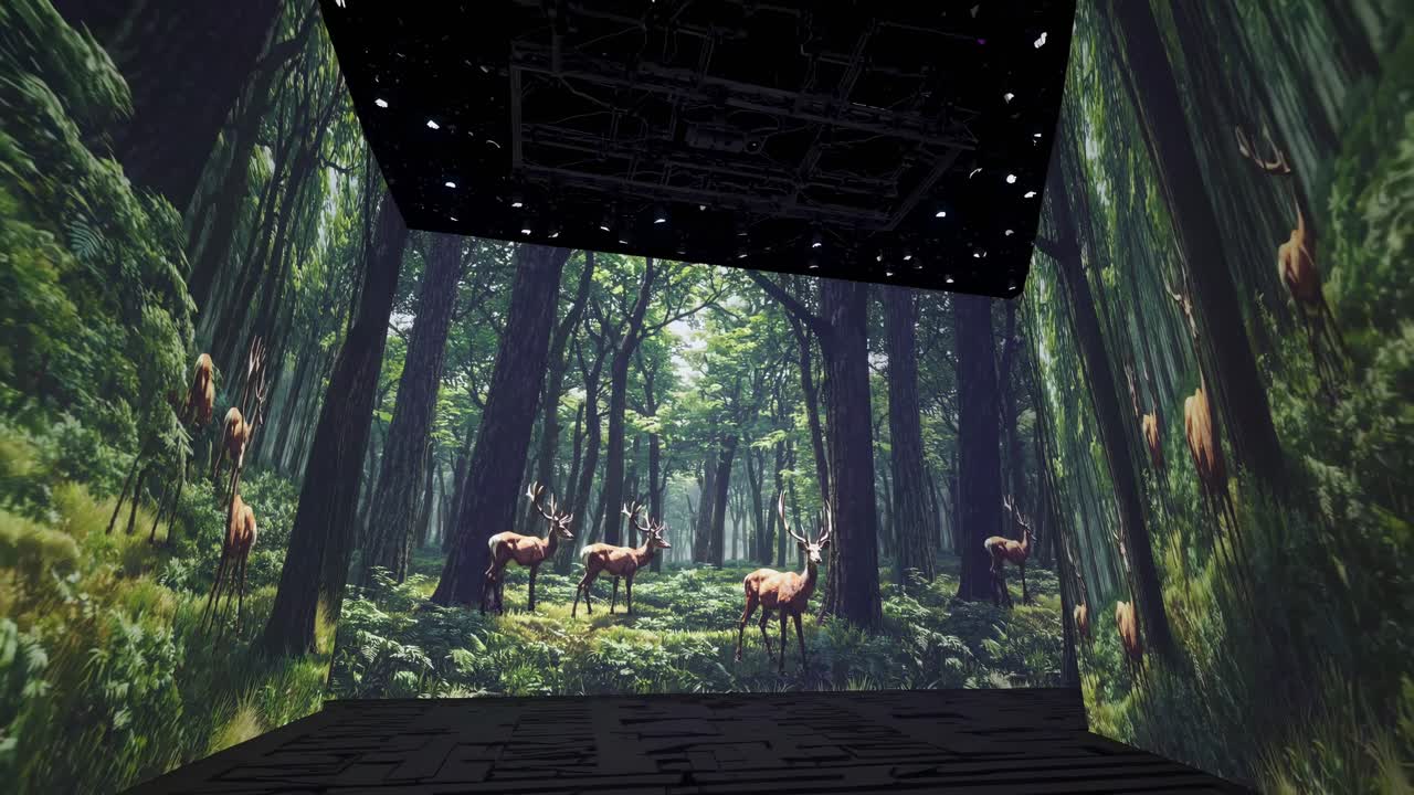 Immersive video art installation with a wide-angle view of a forest scene, featuring deer projected