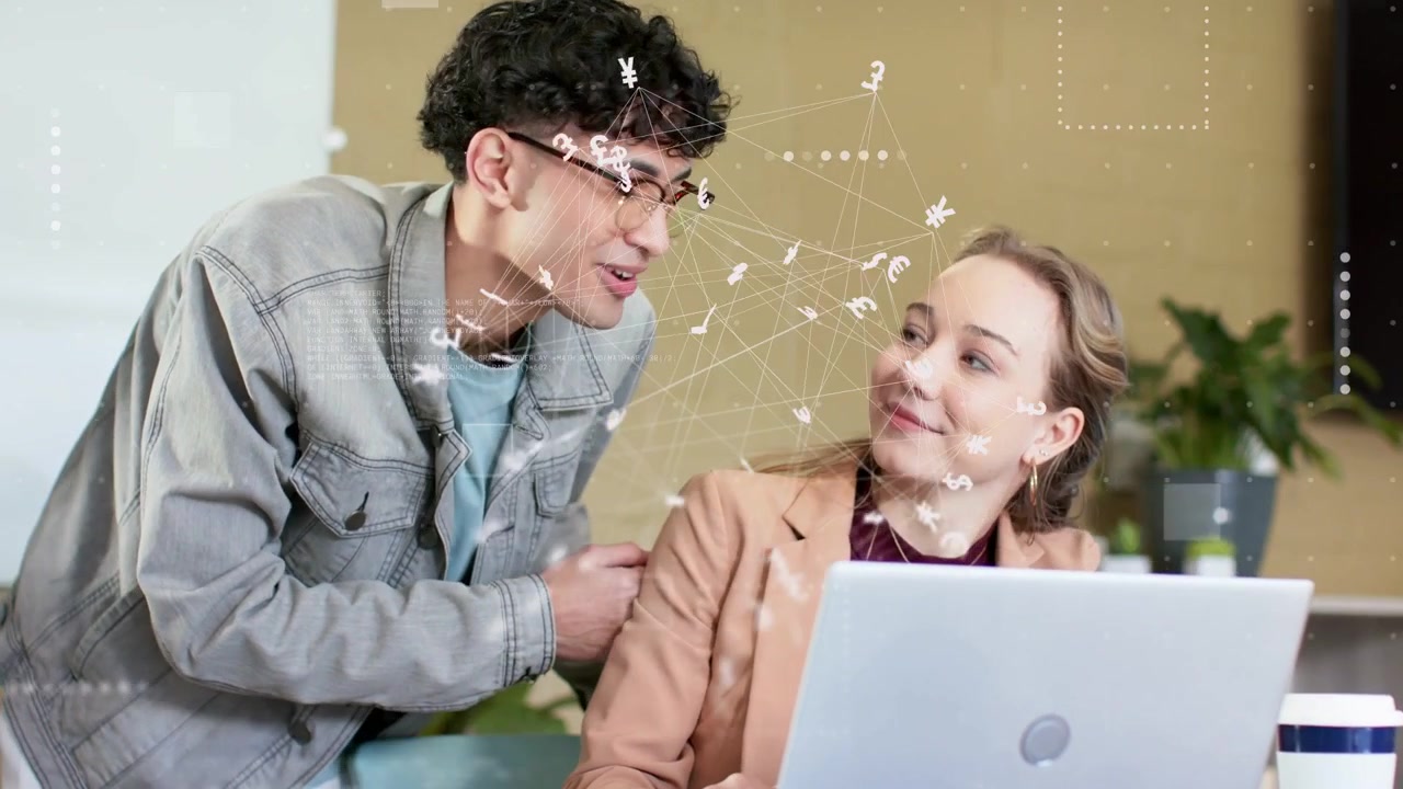 Man leaning, pointing at laptop, woman smiling while network overlay accenting metrics for business