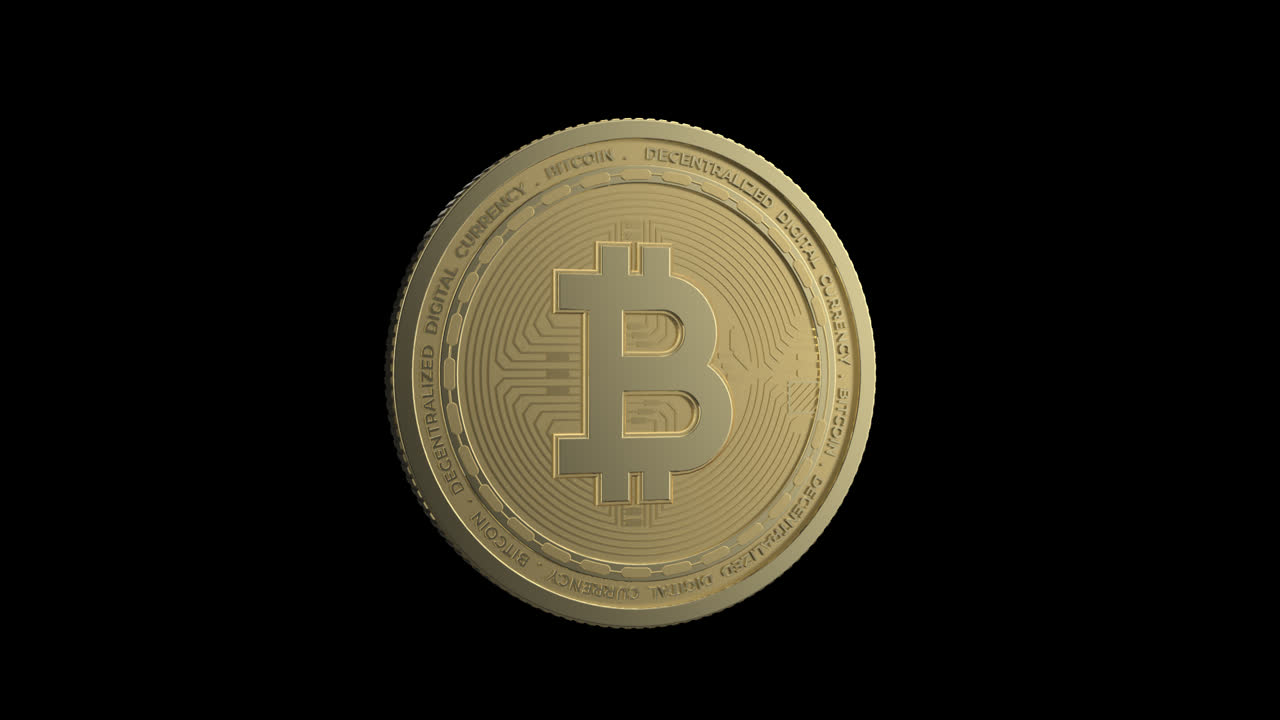Vídeo em loop de renderização 3D de bitcoin em criptomoeda dourada com rotação de 360° e fundo alfa. fundo transparente