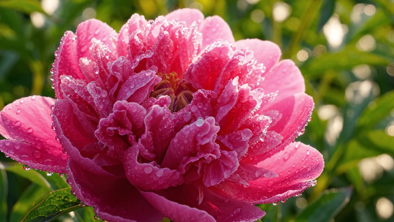 Uno splendido primo piano di una peonia rosa baciata dalla rugiada che sboccia in un giardino, catturando la bellezza e la delicatezza della natura in tutto il suo splendore con goccioline d'acqua scintillanti.