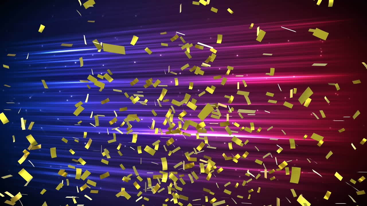 분홍색에서 파란색 배경에 반 ⁇ 이는 빛의 흔적 위에 떨어지는 콘페티의 애니메이션
