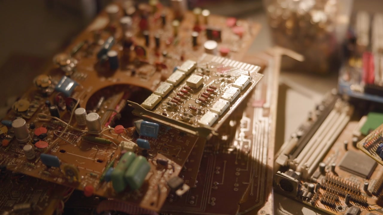 Scena ravvicinata in movimento di schede elettroniche impilate con una scheda di espansione inclinata verso l'alto, che crea uno spazio visibile, una staffa metallica angolata, connettori esposti e segni di manipolazione attenta su una superficie calda.