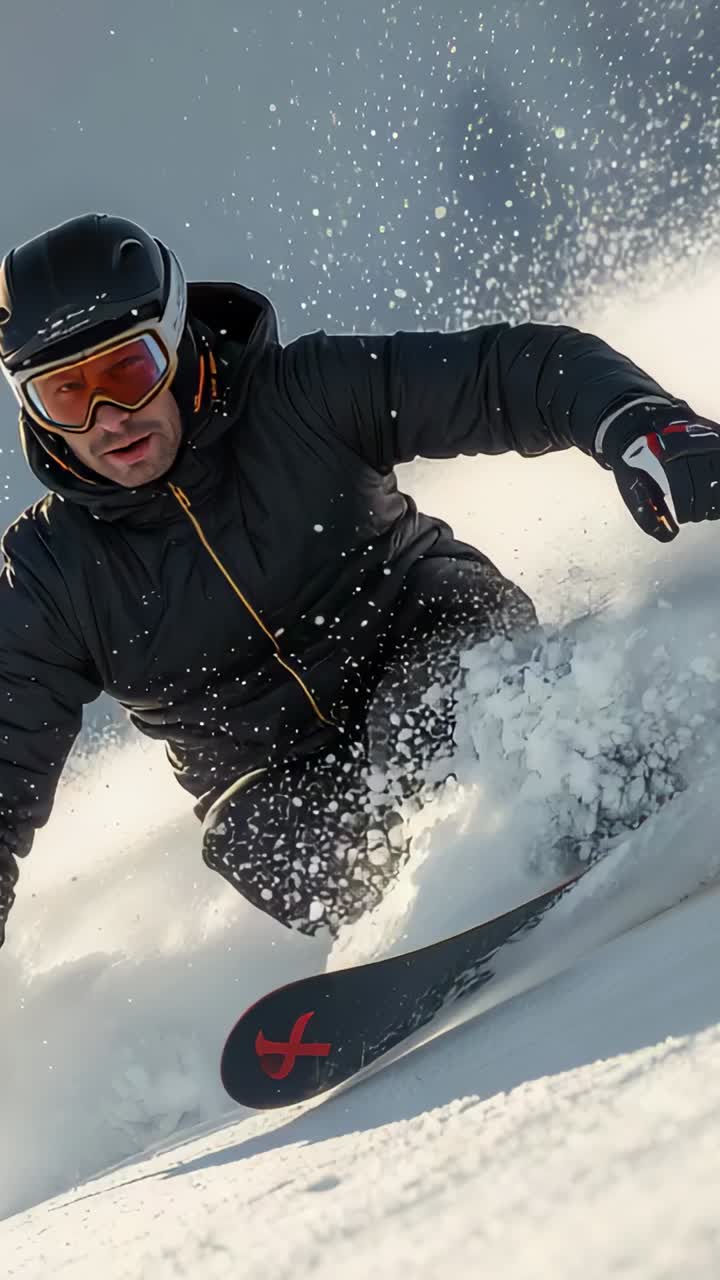Vertical video: Carving rider in black helmet shifting weight to control carve on powder, red X tip