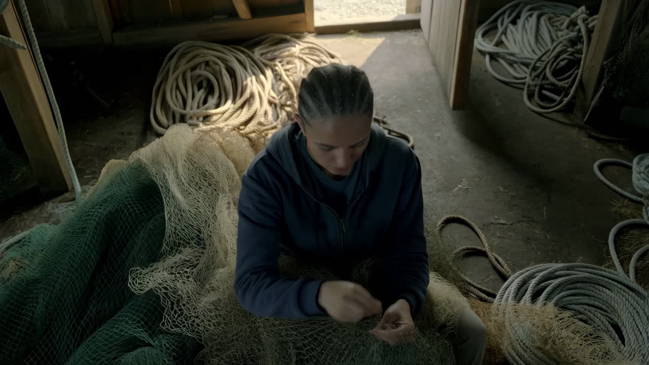 Woman Mending a Fishing Net in a Shed