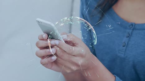 animation of connections and globe over hands of caucasian woman using smartphone