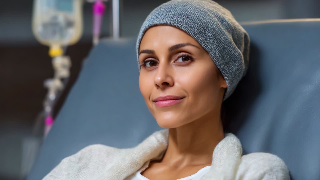 Una donna resiliente in un ambiente ospedaliero, che indossa un morbido berretto, riflette forza e speranza nel suo percorso di cura mentre è seduta comodamente su un letto medico, trasudando fiducia e determinazione
