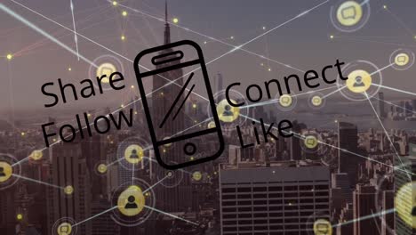 animation of network of connections and share fallow connect text over cityscape