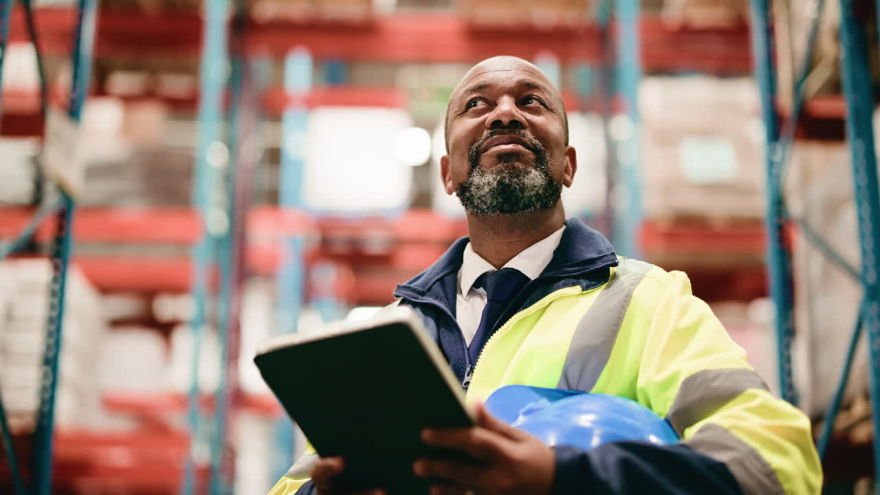 African American Man Checking Inventory on Tablet in Warehouse